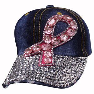 Denim Bling Rhinestone Pink Ribbon Cap Hat NEW Fast Ship